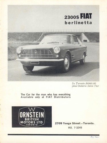 August 1962 advertisement for the "2300s Fiat Berlinetta" from Canada