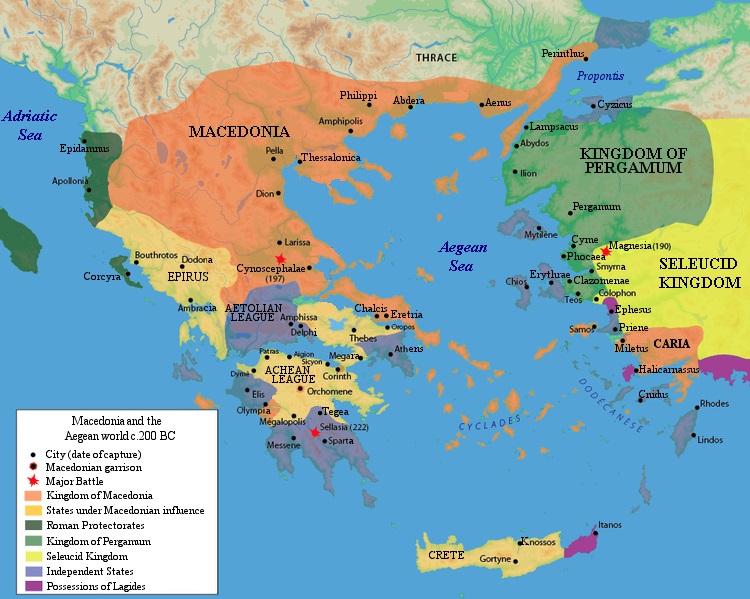 Makedonia en Griekenland, eind derde eeuw - Kaart vervaardigd door Raymond Palmer, Wikimedia Commons. Bron: R. Ginouvs et al., La Macdoine, Paris, 1992.