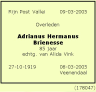 Overlijdensadvertentie: Adrianus Hermanus Brienesse