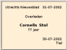Overlijdensadvertentie Cornelis Stol