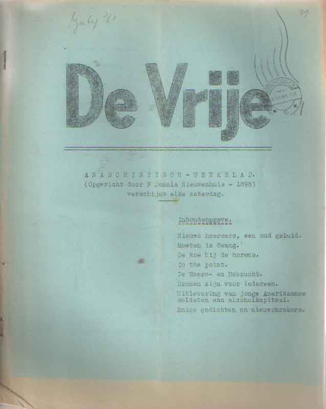 Lobel, W. de e.a. - De Vrije. Anarchistisch weekblad. Nr. 28 & 29.