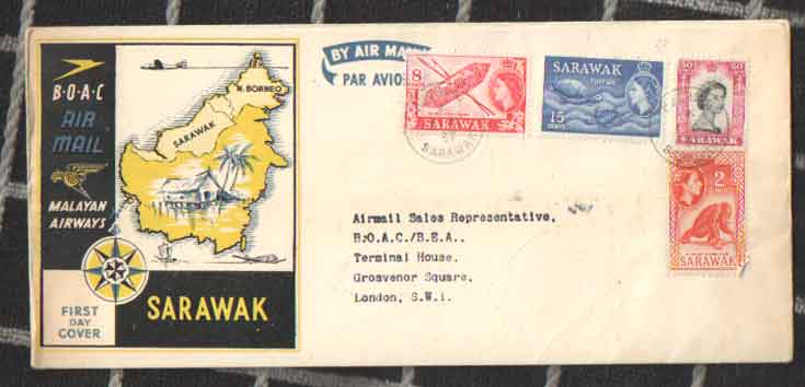  - 1957 Sarawak First Day Cover. BOAC AirmailMalayan Airways to London England BOAC .