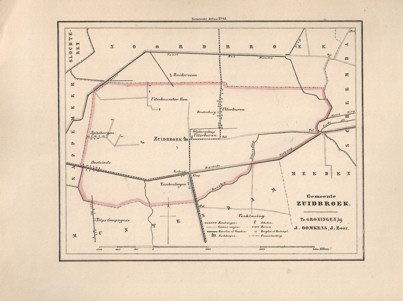  - Kaart van Zuidbroek uit de Gemeente-atlas van Groningen. De gemeentegrens is handgekleurd.