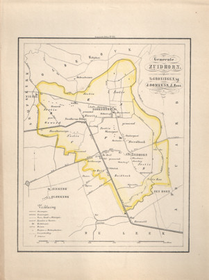  - Kaart van Zuidhoorn uit de Gemeente-atlas van Groningen. De gemeentegrens is handgekleurd.