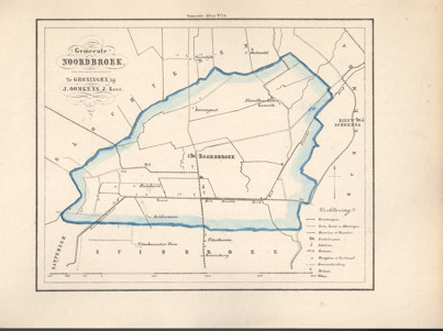  - Kaart van Noorbroek uit de Gemeente-atlas van Groningen. De gemeentegrens is handgekleurd.