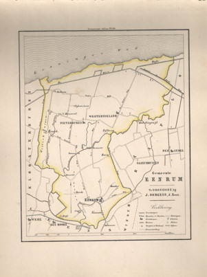  - Kaart van Eenrum uit de Gemeente-atlas van Groningen. De gemeentegrens is handgekleurd.
