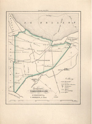  - Kaart van Finsterwolde uit de Gemeente-atlas van Groningen. De gemeentegrens is handgekleurd.