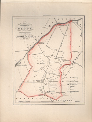  - Kaart van Wedde uit de Gemeente-atlas van Groningen. De gemeentegrens is handgekleurd.