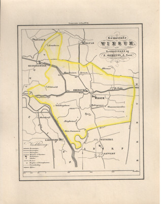  - Kaart van Winsum uit de Gemeente-atlas van Groningen. De gemeentegrens is handgekleurd.