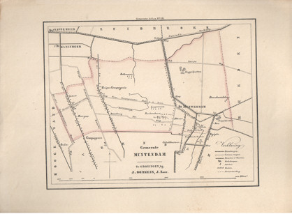  - Kaart van Muntendam uit de Gemeente-atlas van Groningen. De gemeentegrens is handgekleurd.