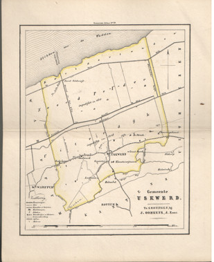  - Kaart van Uskwerd uit de Gemeente-atlas van Groningen. De gemeentegrens is handgekleurd.
