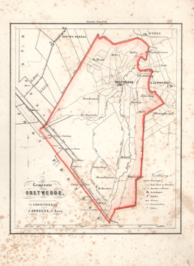  - Kaart van Onstwedde uit de Gemeente-atlas van Groningen. De gemeentegrens is handgekleurd.