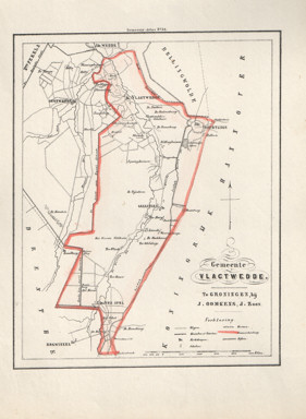  - Kaart van Vlagtwedde uit de Gemeente-atlas van Groningen. De gemeentegrens is handgekleurd.