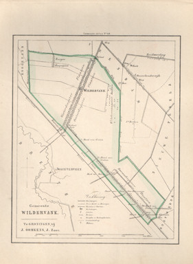  - Kaart van Wildervank uit de Gemeente-atlas van Groningen. De gemeentegrens is handgekleurd.