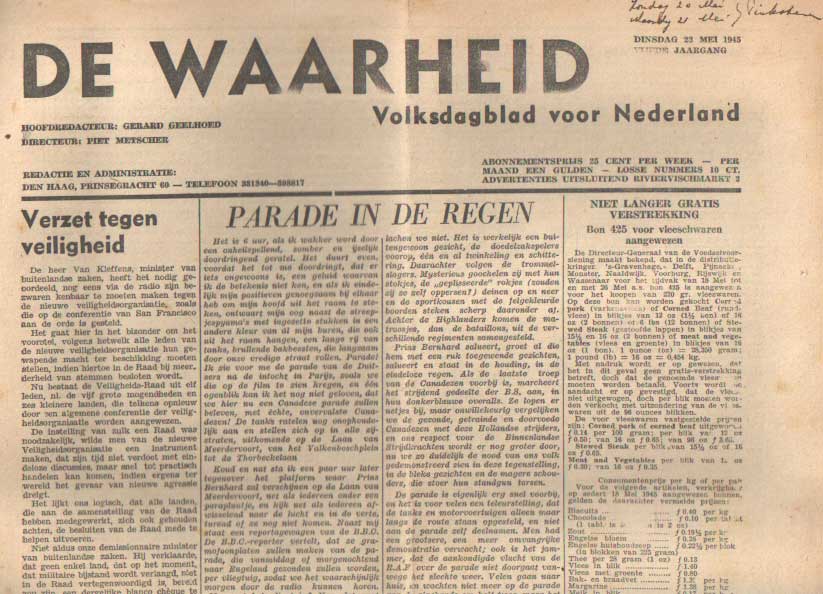 Geelhoed, Gerard (hoofdred.) - De waarheid, volksdagblad voor Nederland. 5e jaargang. Dinsdag 22 mei 1945.