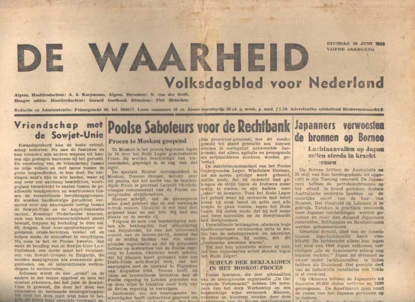 Koejemans, A.J. (hoofdred.) - De waarheid, volksdagblad voor Nederland. 5e jaargang. Dinsdag 19 juni 1945.